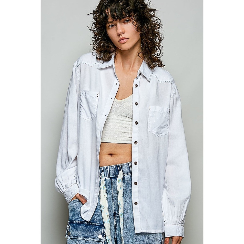 POL Washed Textured Cotton Western Button Front Shirt - Off White - Small - Picture 4 of 6